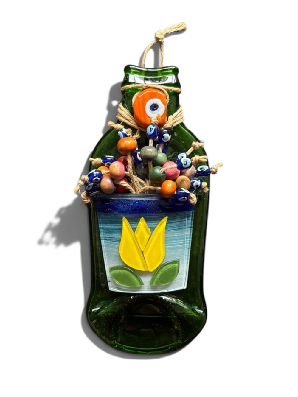 Handmade Turkish Blown Glass Evil Eye Art | Floral Wall Art Green Mosaic - Picture 1 of 7